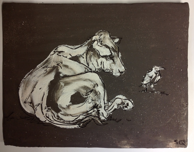 Drawings on clay. Cow and crow. 2014.